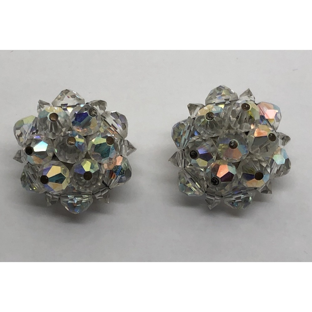 Vintage 1950s Laguna Earrings Aurora Borealis Crystal Bead Clip On Silver Tone